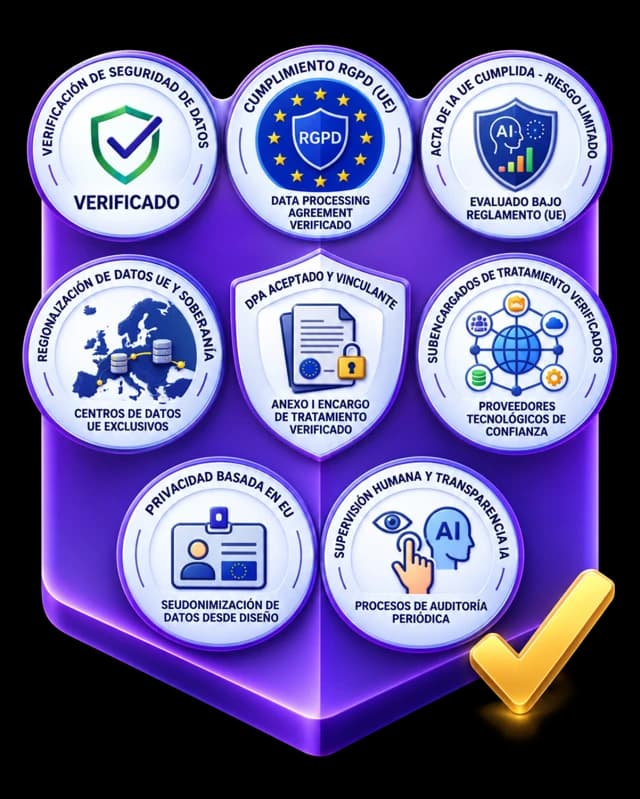 Verificaciones de seguridad y cumplimiento normativo de Pronos: RGPD, AI Act, DPA, datos en la UE, supervisión humana